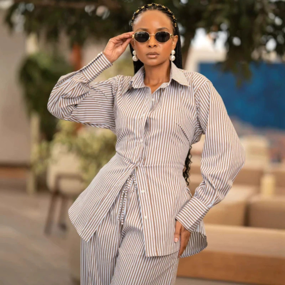 ZARA African Striped Notch Collar Blouse Pants Set Women Casual Tie Waist Slim